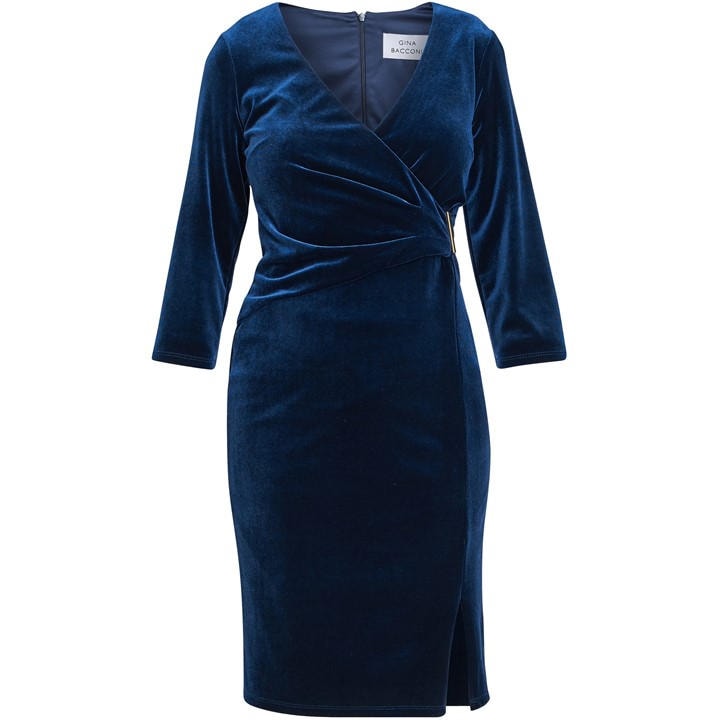Gina Bacconi Rachael Velvet Dress With Gold Trim - Blue