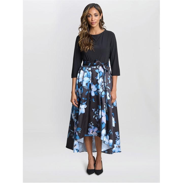 Gina Bacconi Louise Printed High/Low Midi Dress - Black