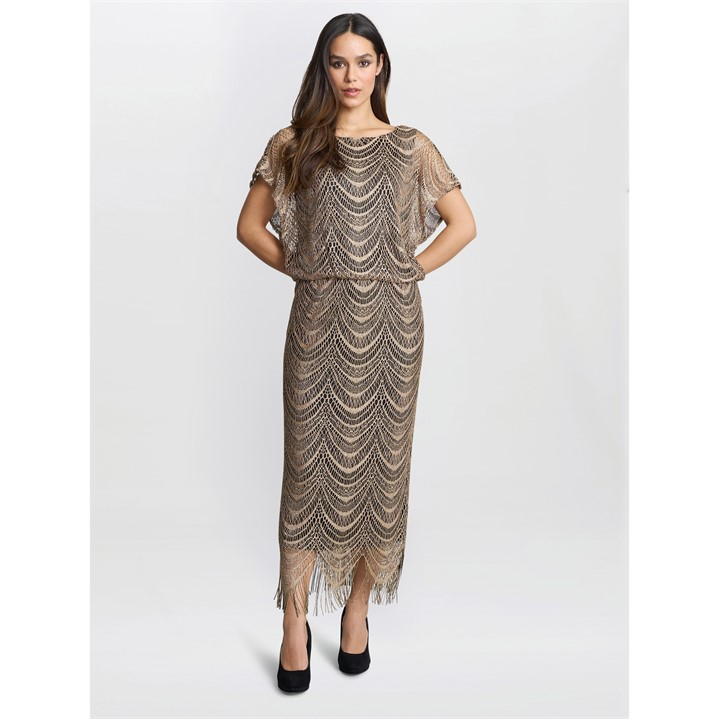 Gina Bacconi Arleen Long Blouson Fringe Hem Dress - Black