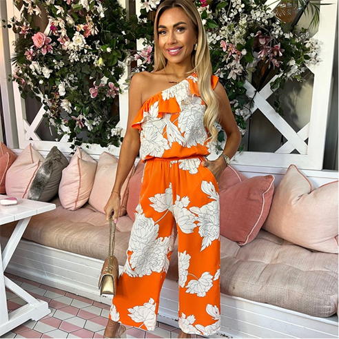 AX Paris - Blood Orange Floral Print One Shoulder Jumpsuit