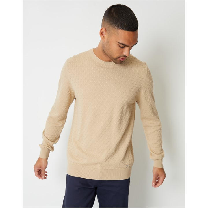 Threadbare Men's Neutral Cable Knit Crew Neck Jumper Large