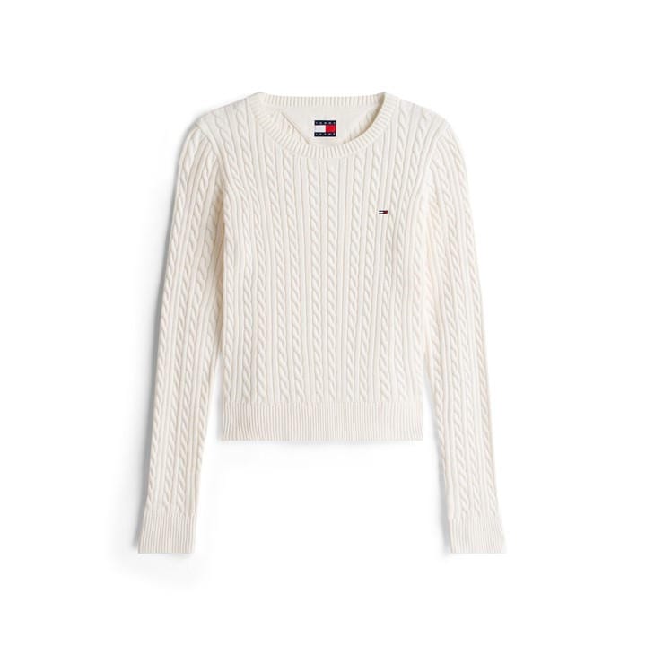 Tommy Jeans Women's White Cable Knit Crew Neck Jumper