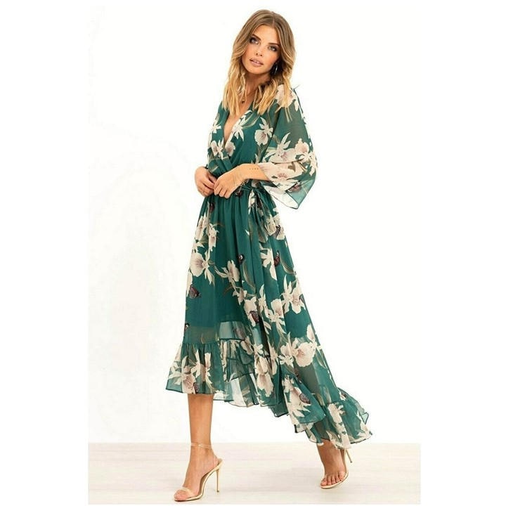 Yumi Urban Green Floral Kimono Wrap Dress