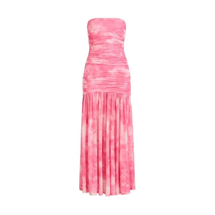 Bardot Solana Blurred Floral Drop Waist Mesh Maxi Dress In Pink Flora