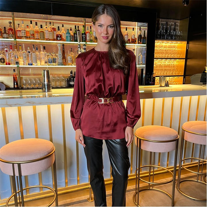 Ax Paris Satin Long Sleeve Gold Detail Belt Top