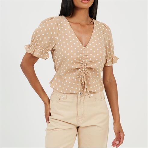Brave Soul - Womens Short Sleeve Polka Dot Top with Centre Ruching