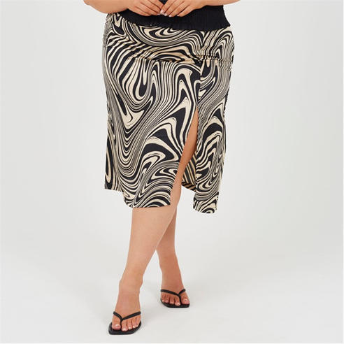 Brave Soul - Plus Size Swirl Print Skirt with Side Split & Button Detail