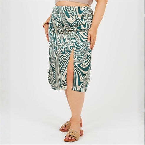 Brave Soul - Plus Size Swirl Print Skirt with Side Split & Button Detail