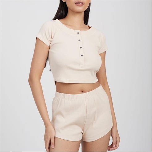 Brave Soul - Womens Lounge Set with Henley Cropped Tee & Matching Shorts