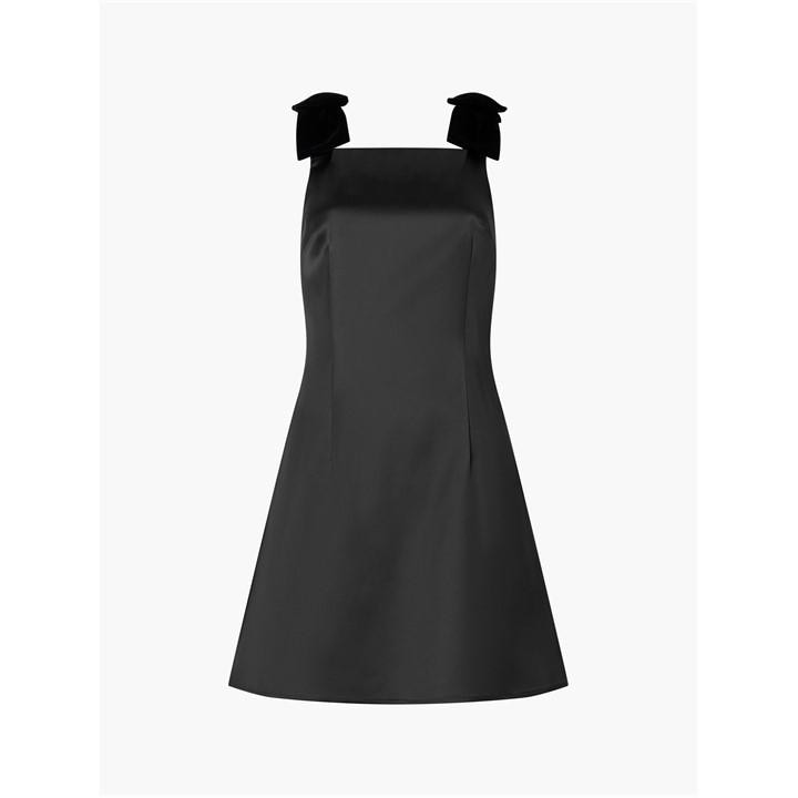 French Connection Carey Velvet Bow Straps Satin Mini Dress Blackout
