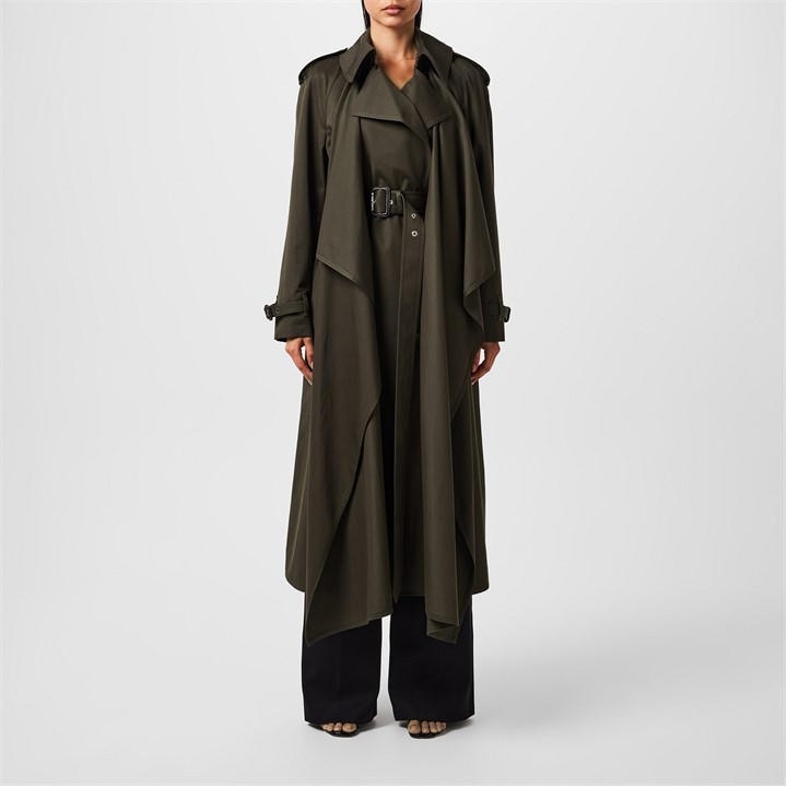 Alexander Mcqueen Double-breasted Trench Coat With Draped In Khaki