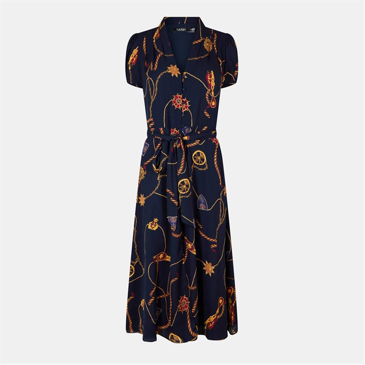 Lauren by Ralph Lauren Print Belted Georgette Puff-Sleeve Dress - Blue