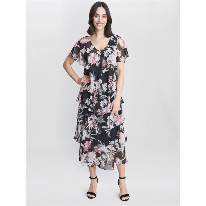 Gina Bacconi Janice V Neck Printed Midi Tiered Dress - Black