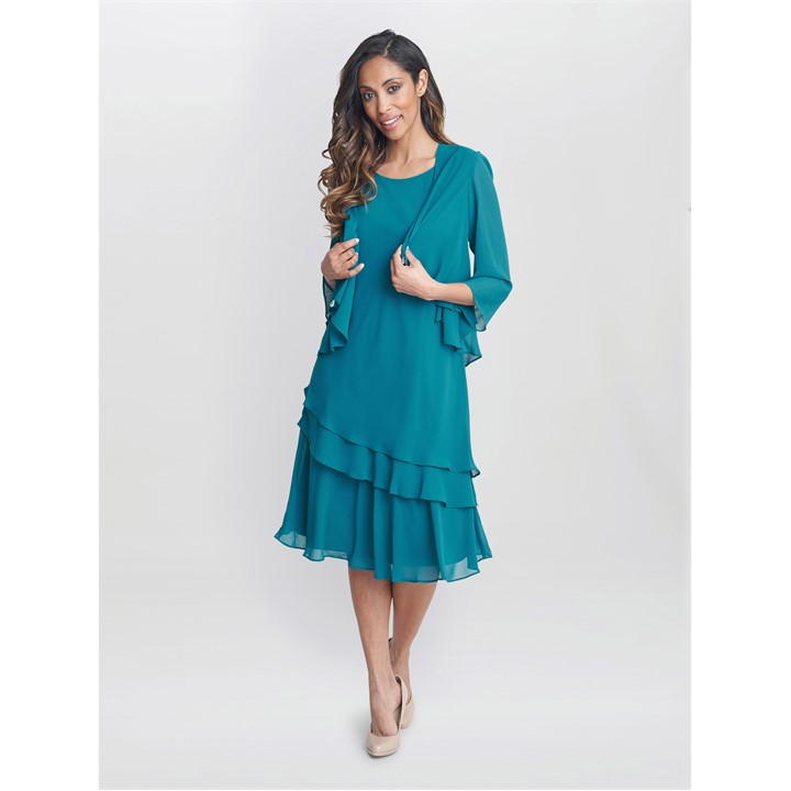 Gina Bacconi Lola Jacket And Asymmetric Tiered Dress - Green