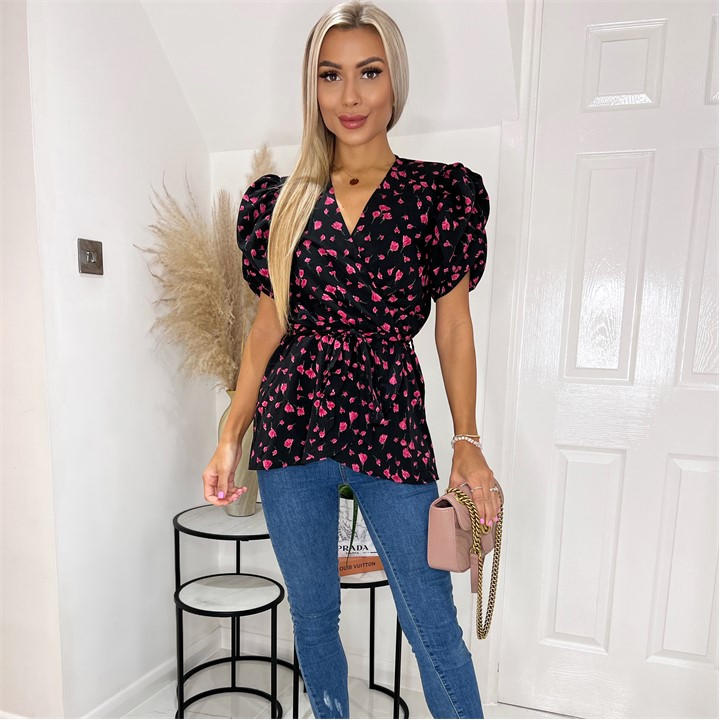 Ax Paris Nd Pink Floral Wrap Top In Black