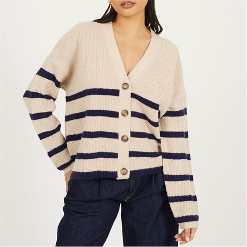 Brave Soul - V-neck Fisherman Knit Striped Cardigan