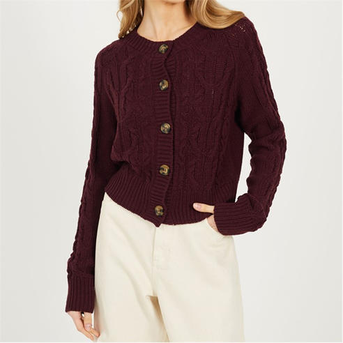 Brave Soul - Womens Crew Neck Cable Knit Cardigan with Raglan Sleeve