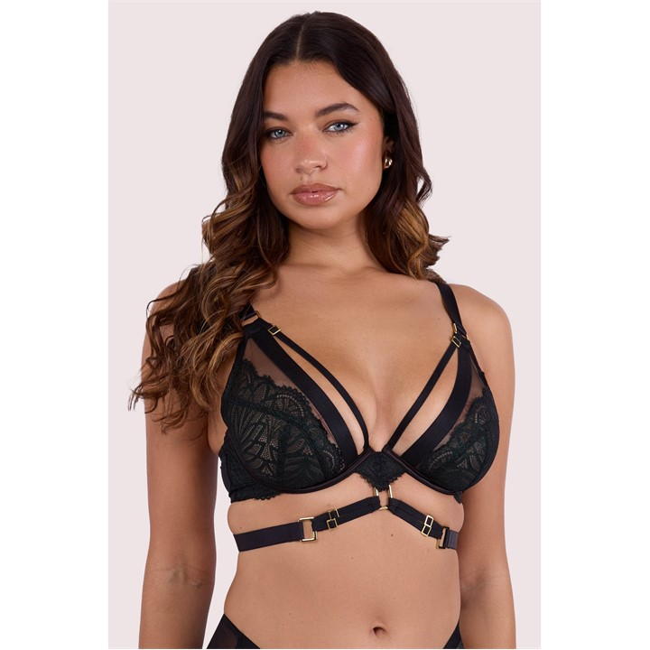 Dark Green - Playful Promises - Tabitha Dark Green Wet-Look Lace Plunge Bra