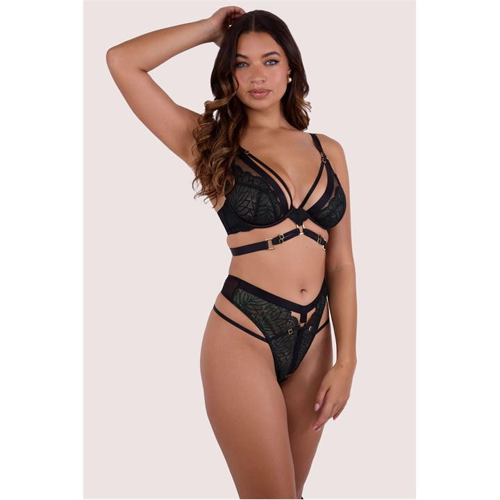 Dark Green - Playful Promises - Tabitha Dark Green Wet-Look Lace Plunge Bra