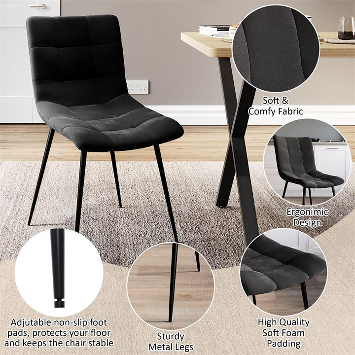 Black - Lassic - Richton Set Of 2 Padded Velvet Dining Chairs UKFR