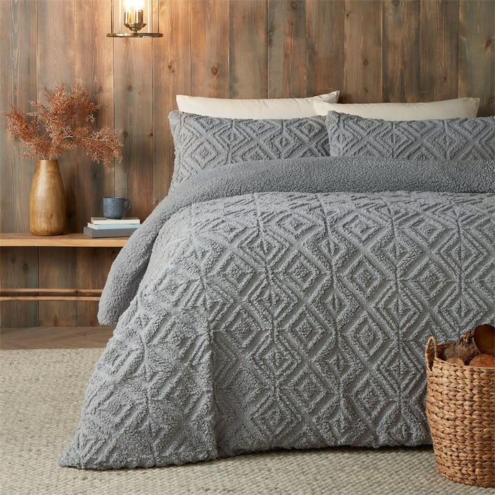 Fusion Unisex Grey Romo Geo Reverse Sherpa Fleece Duvet Cover Superking