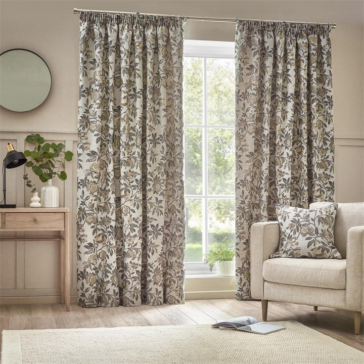 WYLDER POMEGRANATE FLORAL JACQUARD PENCIL PLEAT CURTAINS