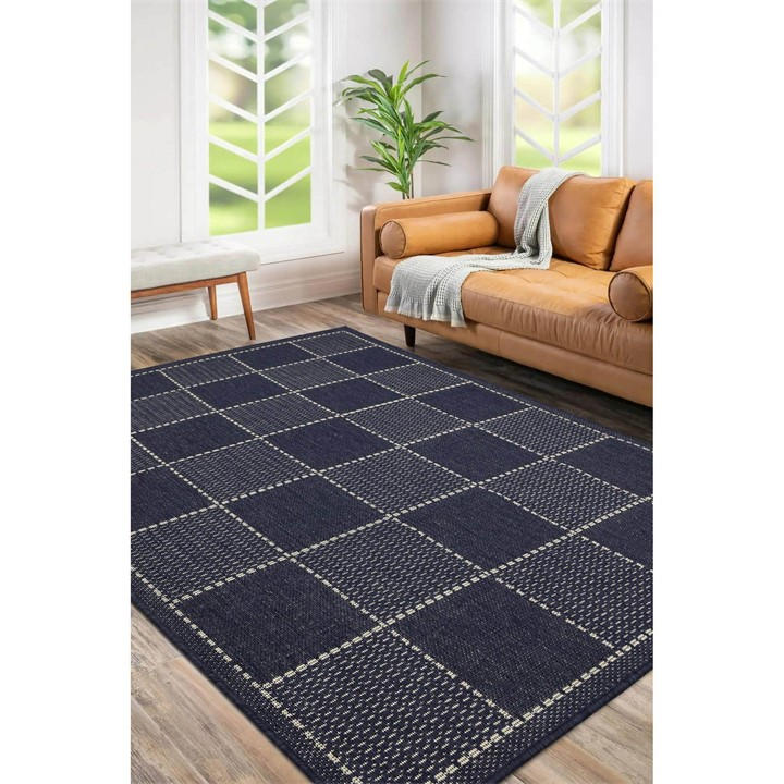 Homemaker Unisex Blue Check Gel Flatweave Rug Navy 60X230cm
