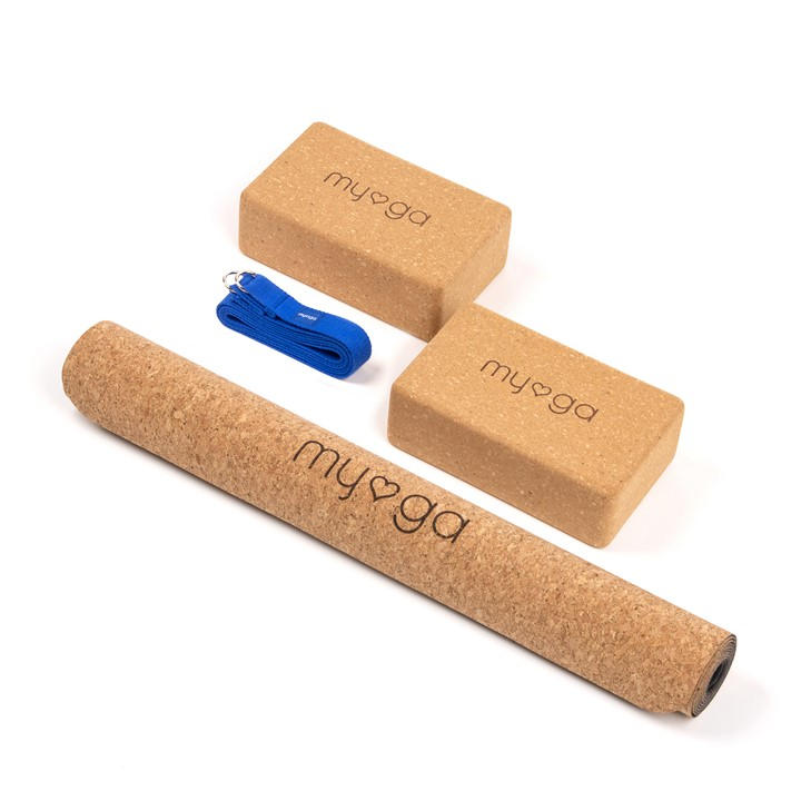 Myga Cork Yoga Mat Pair Of Cork Blocks Strap In Blue