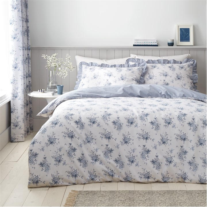 Catherine Lansfield Unisex Blue Lucie Floral Frill Reversible Duvet Cover Set Superking