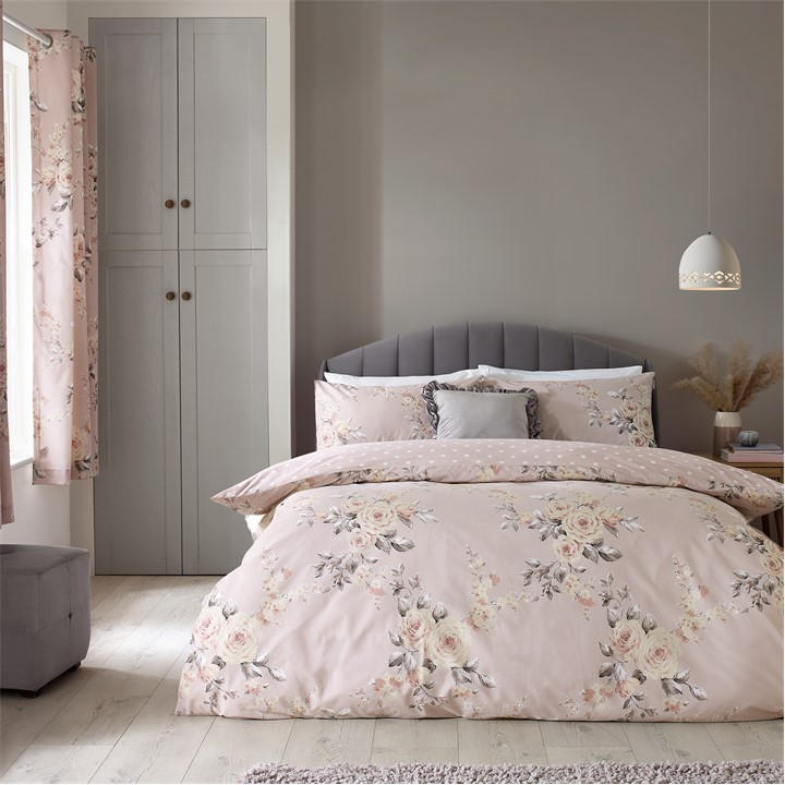 Catherine Lansfield Unisex Pink Floral Reversible Duvet Cover Set King