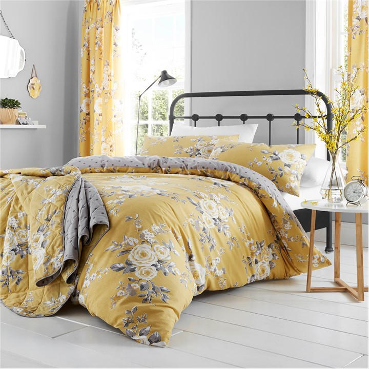 Catherine Lansfield Unisex Yellow Floral Reversible Duvet Cover Set King