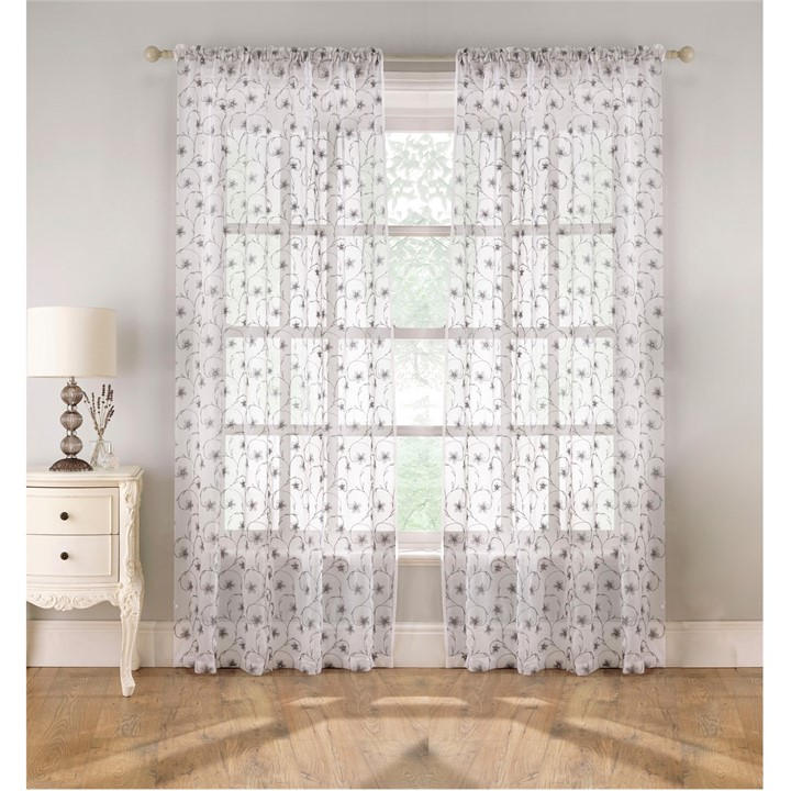 Tyrone Textiles Unisex Grey Belle Floral Embroidery Rod Pocket Panel - Pair 55X90in