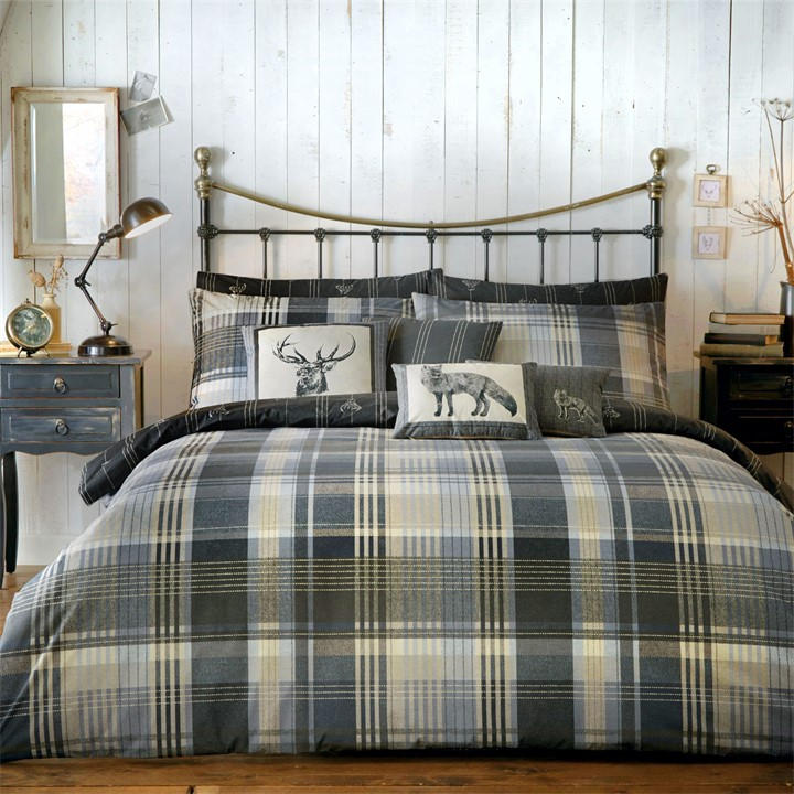 Dreams And Drapes Grey Connolly Check Brushed Cotton Duvet Cover Ochre - King