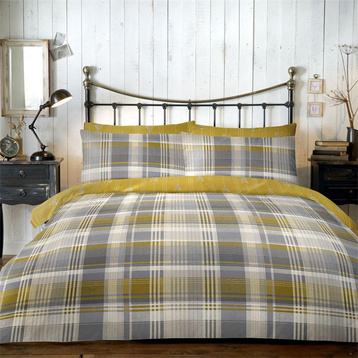 Dreams And Drapes Yellow Connolly Check Brushed Cotton Duvet Cover Ochre - Superking