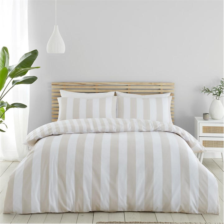 Catherine Lansfield Unisex Beige Stripe Reversible Duvet Cover Set Double
