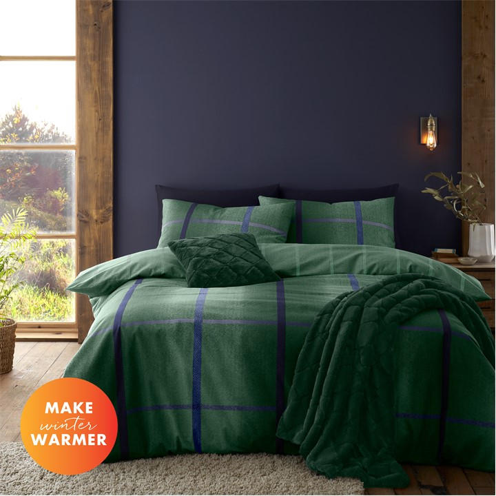 Catherine Lansfield Unisex Green Brushed Melrose Tweed Reversible Duvet Cover Set King
