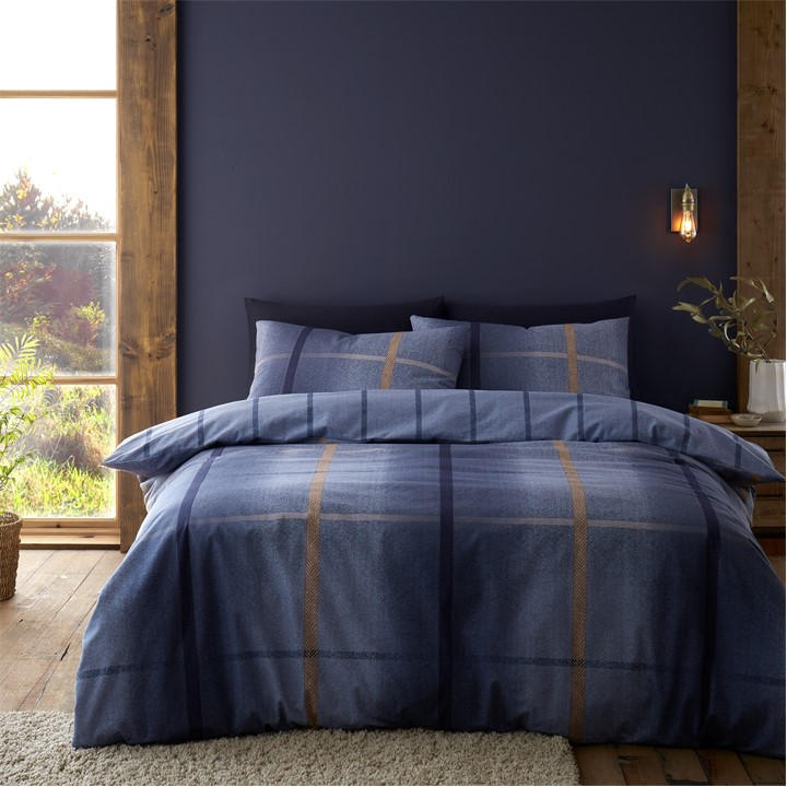 Catherine Lansfield Unisex Blue Brushed Melrose Tweed Reversible Duvet Cover Set Single