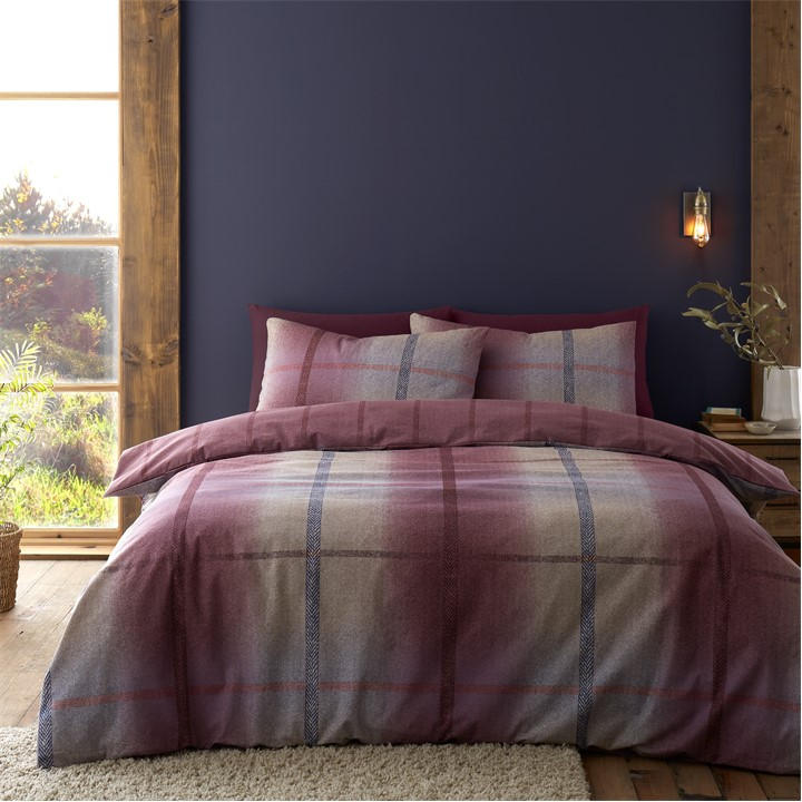 Catherine Lansfield Unisex Purple Brushed Melrose Tweed Reversible Duvet Cover Set Double