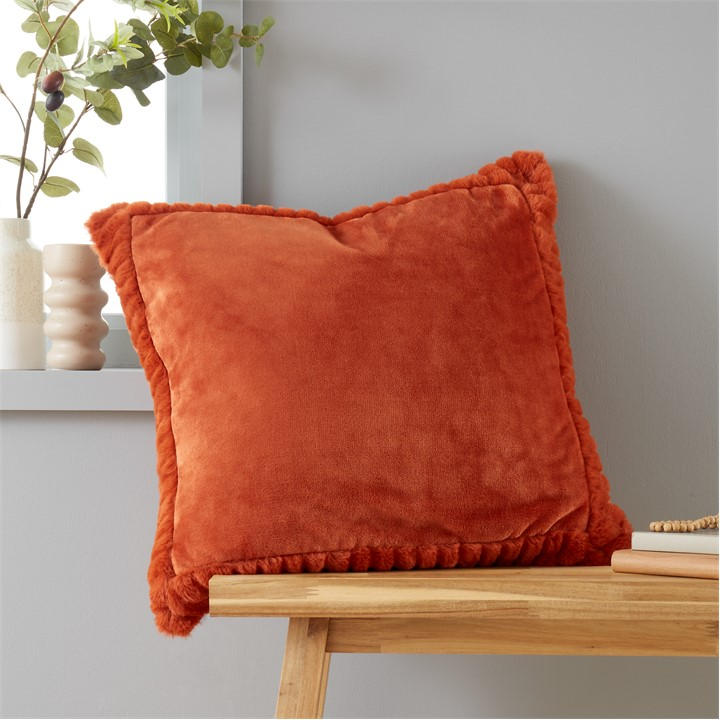 Catherine Lansfield Unisex Orange Velvet And Faux Fur Soft Touch Cushion