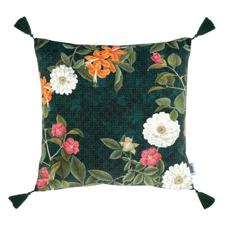 RHS Arcadia Floral Tassel Soft Touch Velour Cushion Green FRASERS