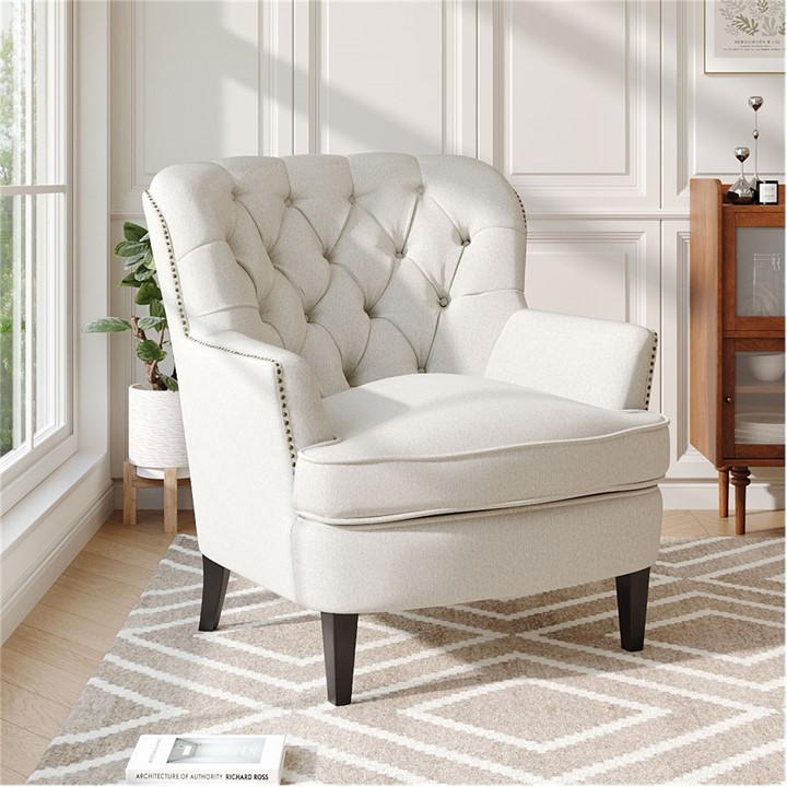 Cottonfy UK Classic Buttoned Linen Armchair - White