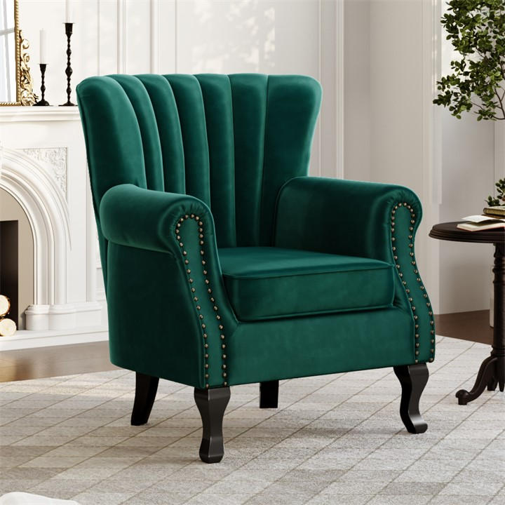 Kabinet UK Vintage Velvet Wing Back Armchair with Studs - Green