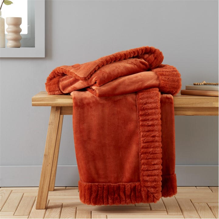 Catherine Lansfield Unisex Orange Velvet And Faux Fur Soft Touch Blanket Throw