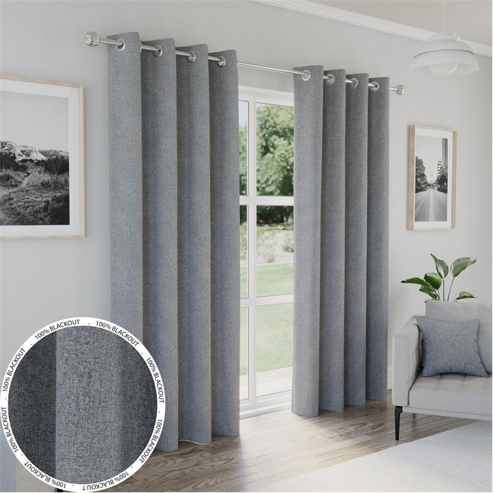 ENHANCED LIVING AUSTIN GREY 100% BLACKOUT EYELET CURTAINS