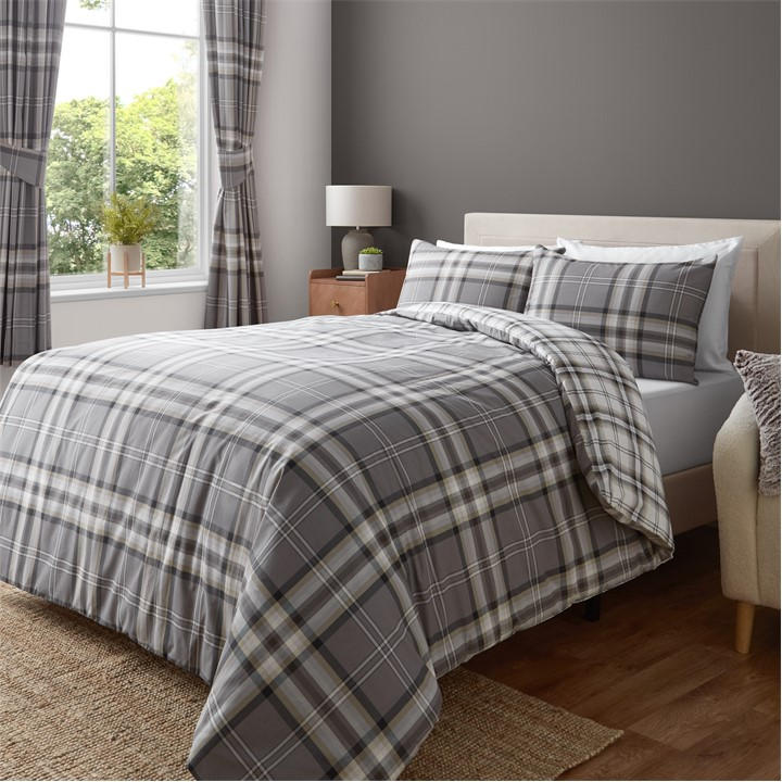 Catherine Lansfield Unisex Grey Kelso Check Reversible Duvet Cover Set King