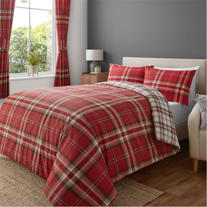 Catherine Lansfield Unisex Red Kelso Check Reversible Duvet Cover Set King
