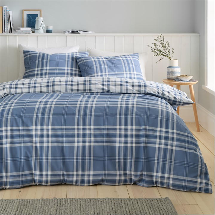 Catherine Lansfield Unisex Lansfield Blue Kelso Check Reversible Duvet Cover Set Superking