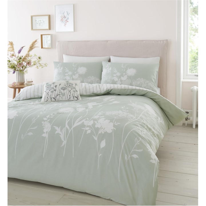 Catherine Lansfield Unisex Green Meadowsweet Floral Reversible Duvet Cover Set Superking