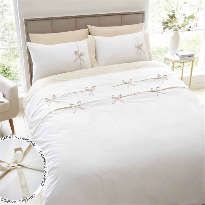 Catherine Lansfield Unisex Beige Milo Bow Duvet Cover Set King