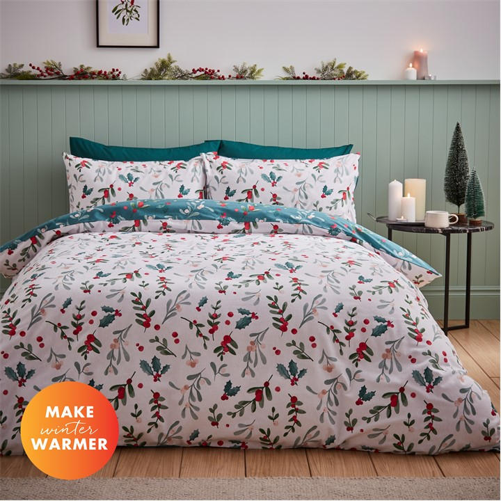 Catherine Lansfield Unisex Green Christmas Holly And Mistletoe Duvet Cover Set Single